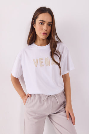 Kadın Vena Logo Baskılı Oversize Tişört %100 Pamuk - Beyaz