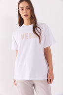Kadın Vena Logo Baskılı Oversize Tişört %100 Pamuk - Beyaz