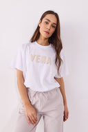 Kadın Vena Logo Baskılı Oversize Tişört %100 Pamuk - Beyaz