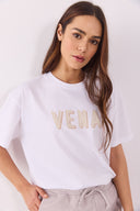 Kadın Vena Logo Baskılı Oversize Tişört %100 Pamuk - Beyaz