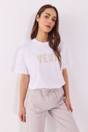 Kadın Vena Logo Baskılı Oversize Tişört %100 Pamuk - Beyaz