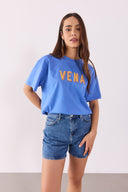 Kadın Vena Logo Baskılı Oversize Tişört %100 Pamuk - Mavi