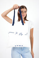 Kadın Vena Yazı Baskılı Çanta %100 Pamuk - Fildişi