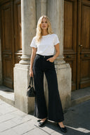 Wanda Jakarlı Wide Leg Pantolon %100 Pamuk-Siyah