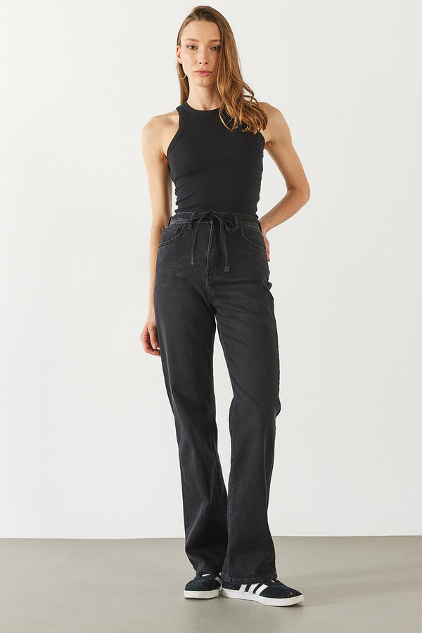 Wanda Kemer Detaylı Black Wide Leg Jean Pantolon - BLACK