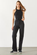 Kadın Wanda Kemer Detaylı Black Wide Leg Jean Pantolon %100 Pamuk - Black