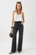 Wanda Kemer Detaylı Black Wide Leg Lyocell Jean Pantolon-Black