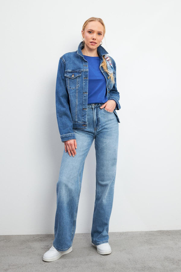 Kadın Wanda Med Blue Wide Leg Jean Pantolon (Lyocell)