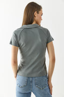 Kadın Yakalı Slim Fit Tişört %100 Pamuk - Antrasit