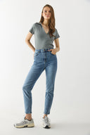 Kadın Yakalı Slim Fit Tişört %100 Pamuk - Antrasit