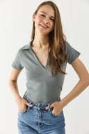 Kadın Yakalı Slim Fit Tişört %100 Pamuk - Antrasit