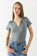 Kadın Yakalı Slim Fit Tişört %100 Pamuk - Antrasit