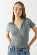 Kadın Yakalı Slim Fit Tişört %100 Pamuk - Antrasit