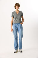 Kadın Yakası Çıt Çıtlı Ribana Tişört %100 Pamuk - Antrasit