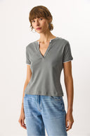 Kadın Yakası Çıt Çıtlı Ribana Tişört %100 Pamuk - Antrasit