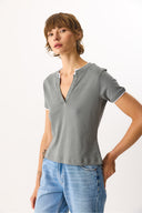 Kadın Yakası Çıt Çıtlı Ribana Tişört %100 Pamuk - Antrasit