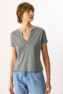 Kadın Yakası Çıt Çıtlı Ribana Tişört %100 Pamuk - Antrasit