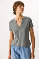 Kadın Yakası Çıt Çıtlı Ribana Tişört %100 Pamuk - Antrasit