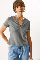 Kadın Yakası Çıt Çıtlı Ribana Tişört %100 Pamuk - Antrasit