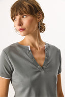 Kadın Yakası Çıt Çıtlı Ribana Tişört %100 Pamuk - Antrasit