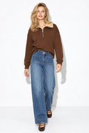 Yakası Peluş Detaylı Sweatshirt %100 Pamuk-Kahverengi