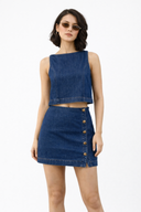 Yandan Düğmeli Dark Blue Jean Etek-Dark Blue
