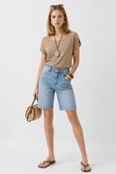 Yüksek Bel Med Blue 5 Cep Jean Bermuda Şort-Med Blue